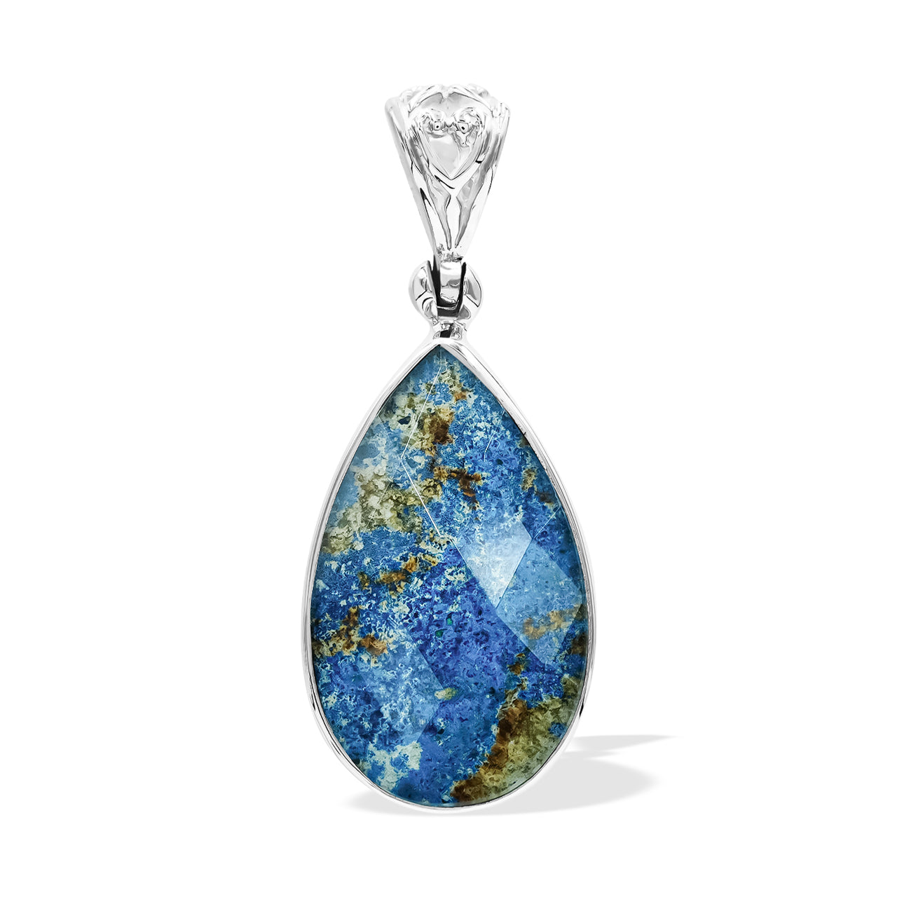 Front view of a faceted Azurite Malachite pear pendant in Sterling Silver showing the natural blue-green color patterns.