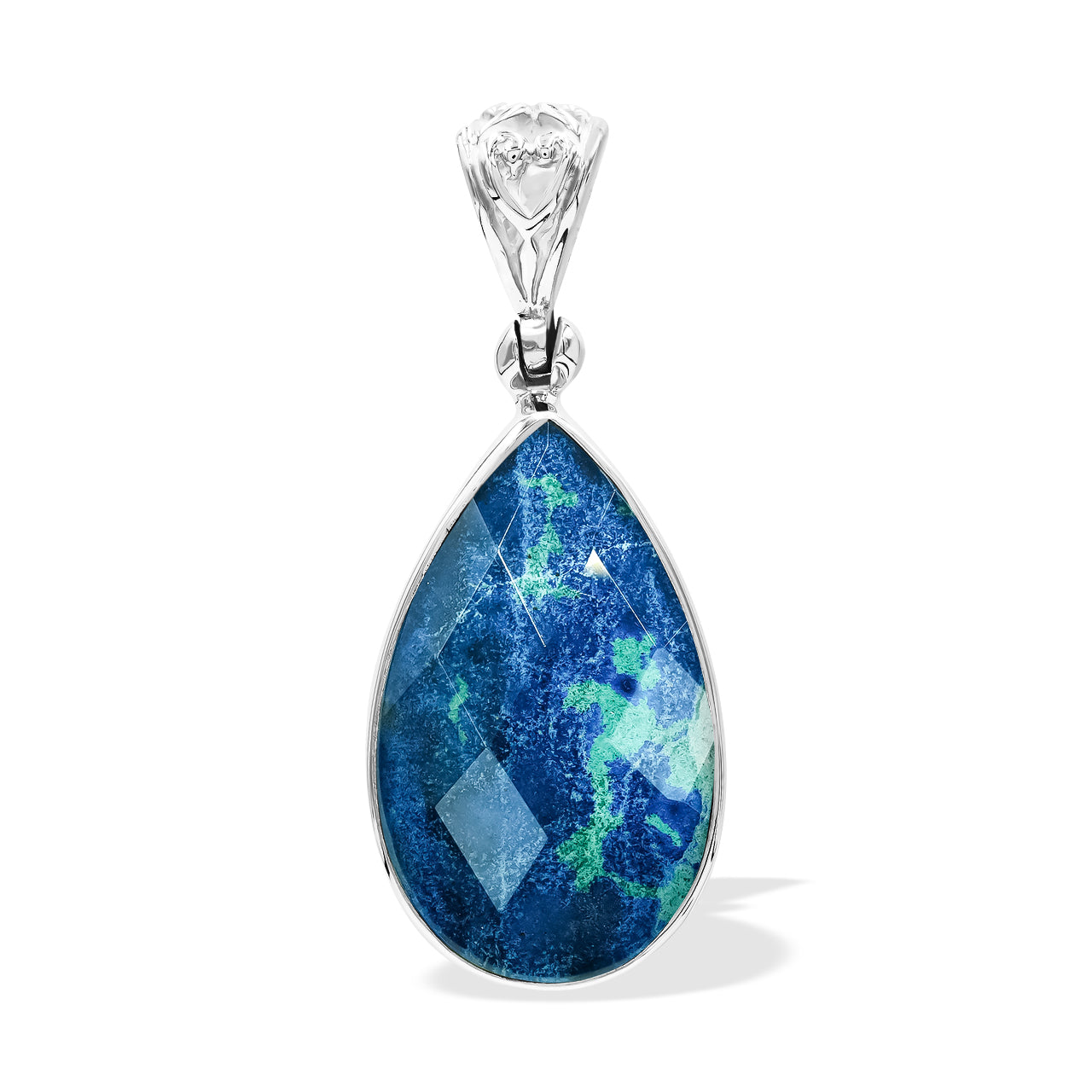 Second front view of a faceted Azurite Malachite pear pendant in Sterling Silver showing the natural blue-green color patterns.