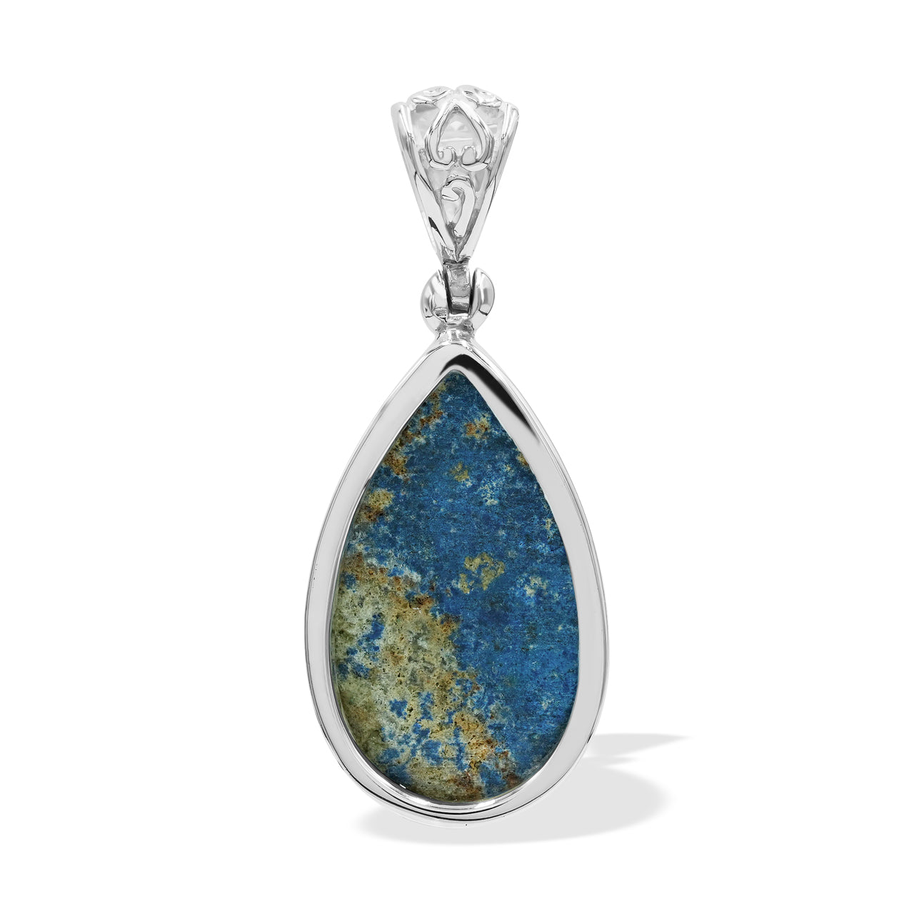 Back view of the faceted Azurite Malachite pear pendant showing the reverse of the setting