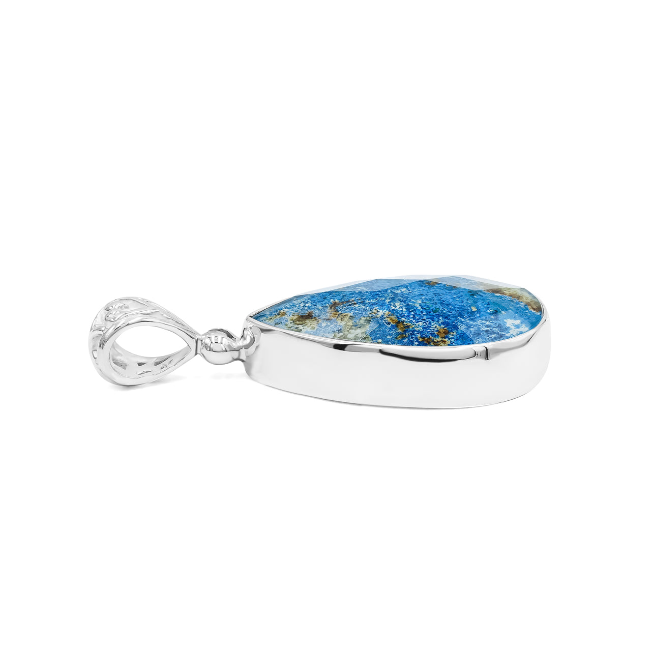 Side view of the faceted azurite malachite pear pendant showing the sterling silver bezel and stone thickness
