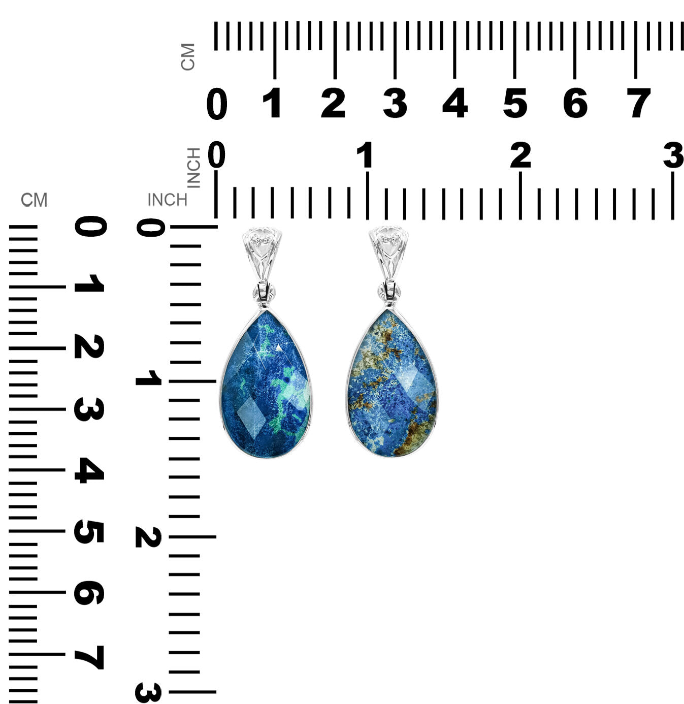 Pair of Azurite Malachite pear pendants shown next to measurement chart displaying height and width in inches and centimeters.