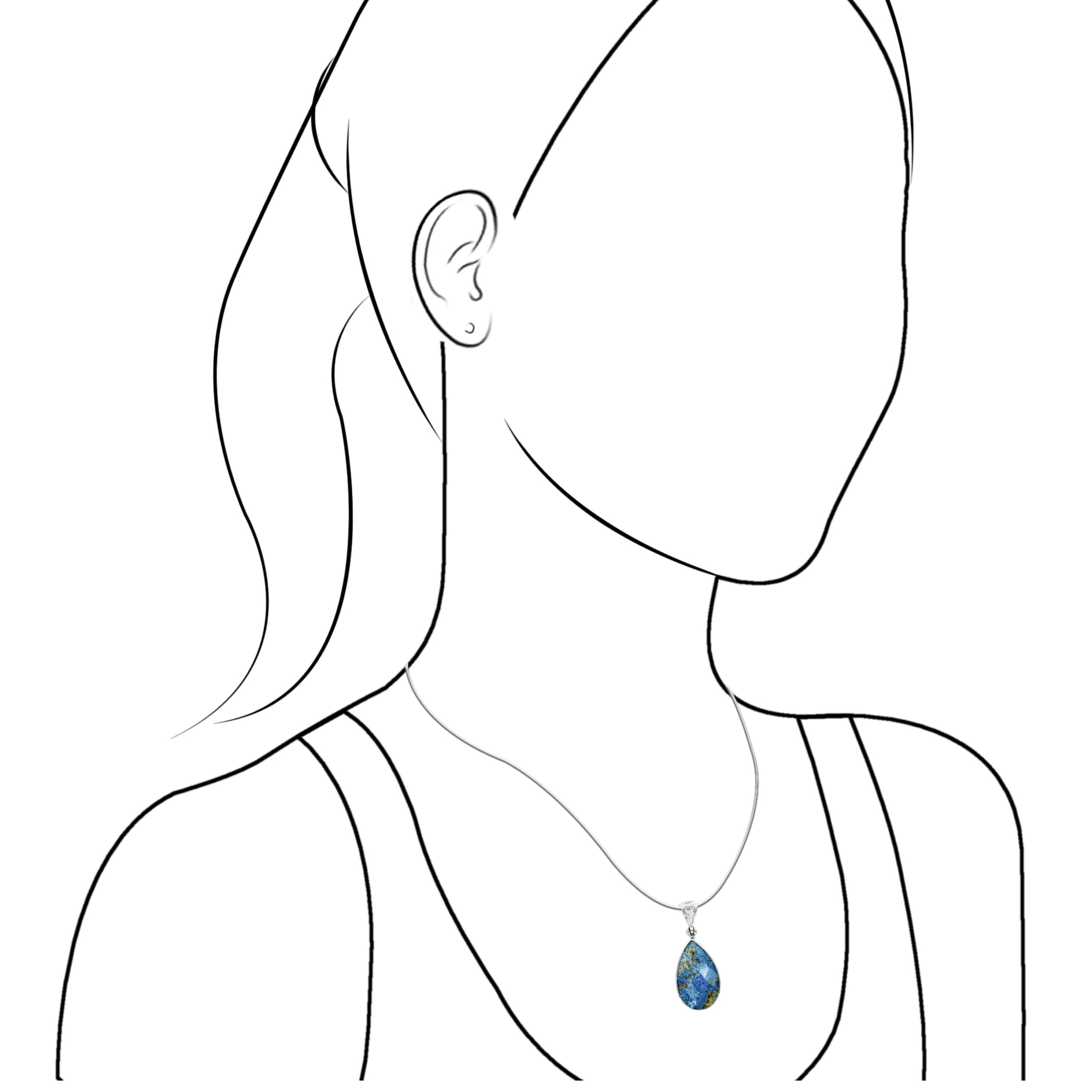 Illustration of a woman wearing faceted Azurite Malachite pear pendant necklace for size reference.