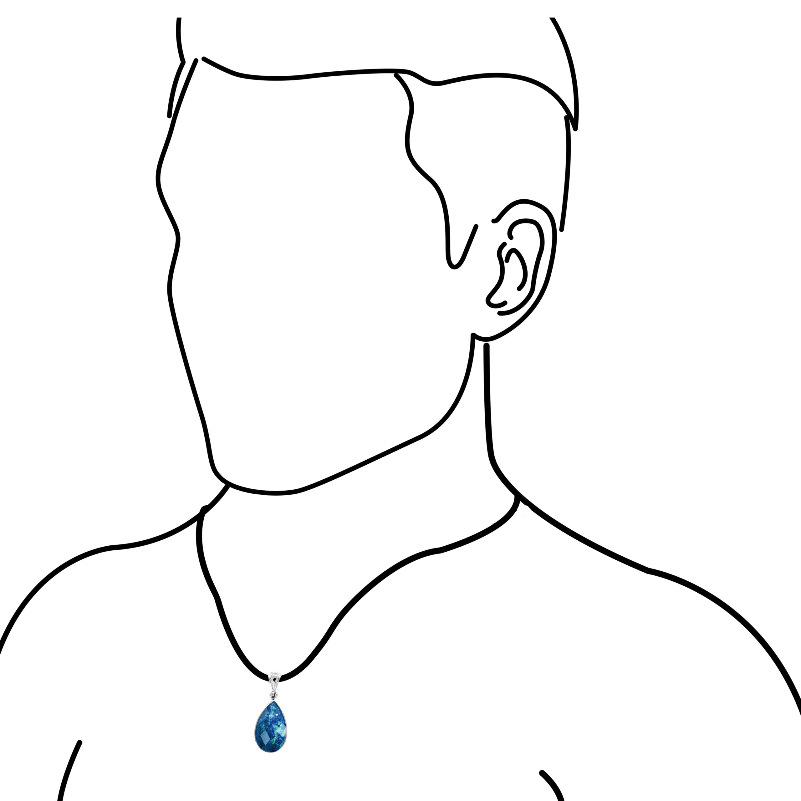 Illustration of a man wearing faceted Azurite Malachite pear pendant necklace for size reference.