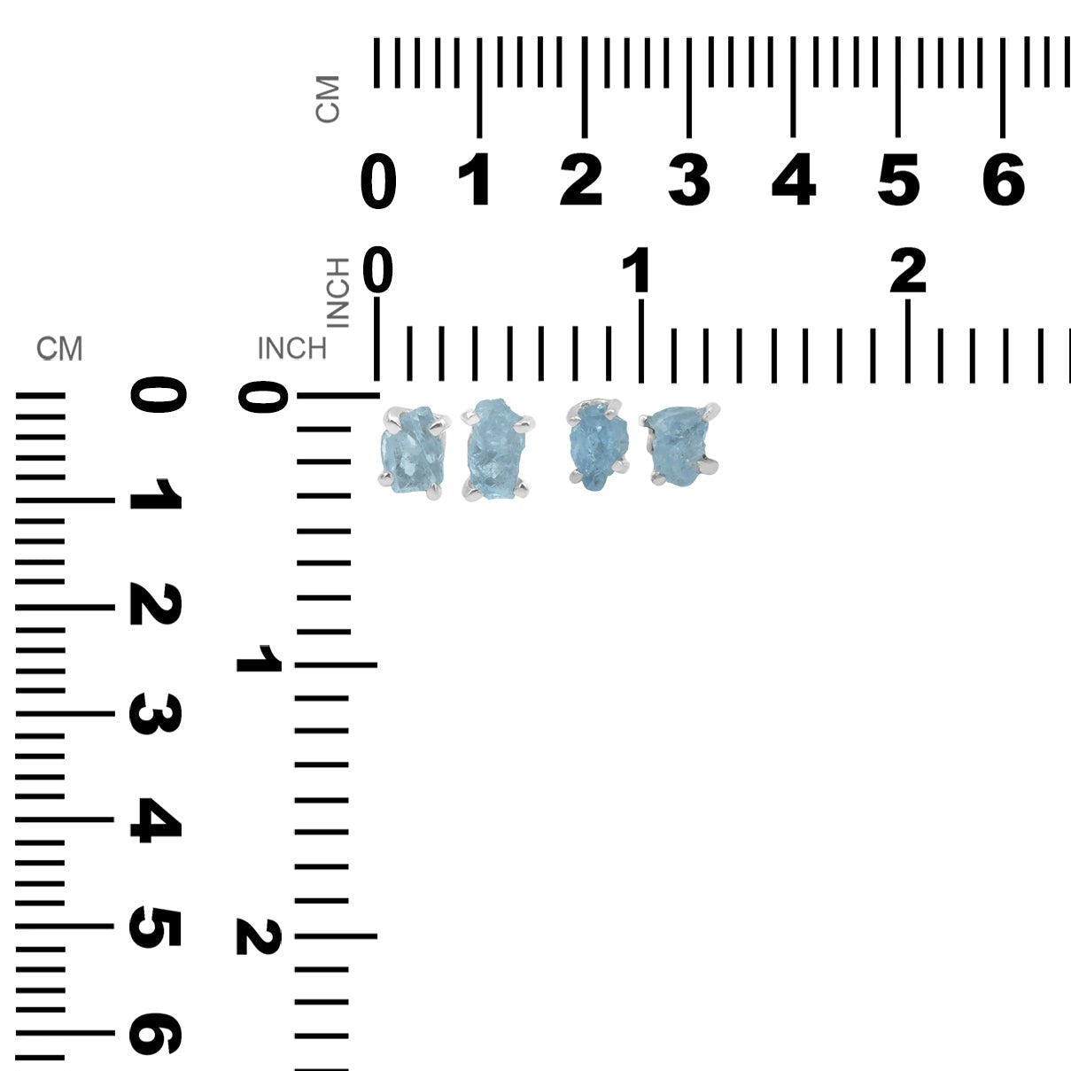Two pairs of rough aquamarine post earrings displayed next to a measurement chart showing height and width in inches and centimeters.