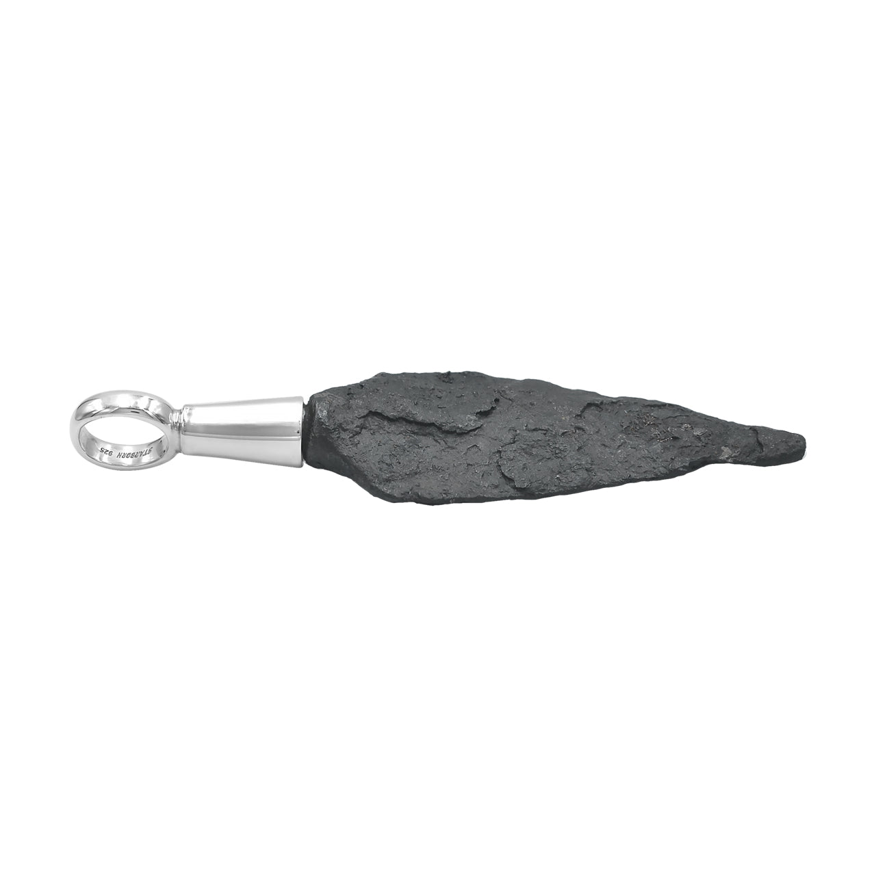 Side‑view of a sterling silver Viking iron arrowhead pendant showing the thickness, surface texture, and loop bail