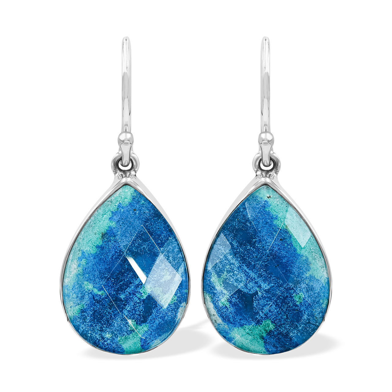 Front view of faceted azurite malachite pear dangle earrings showing blue‑green coloration