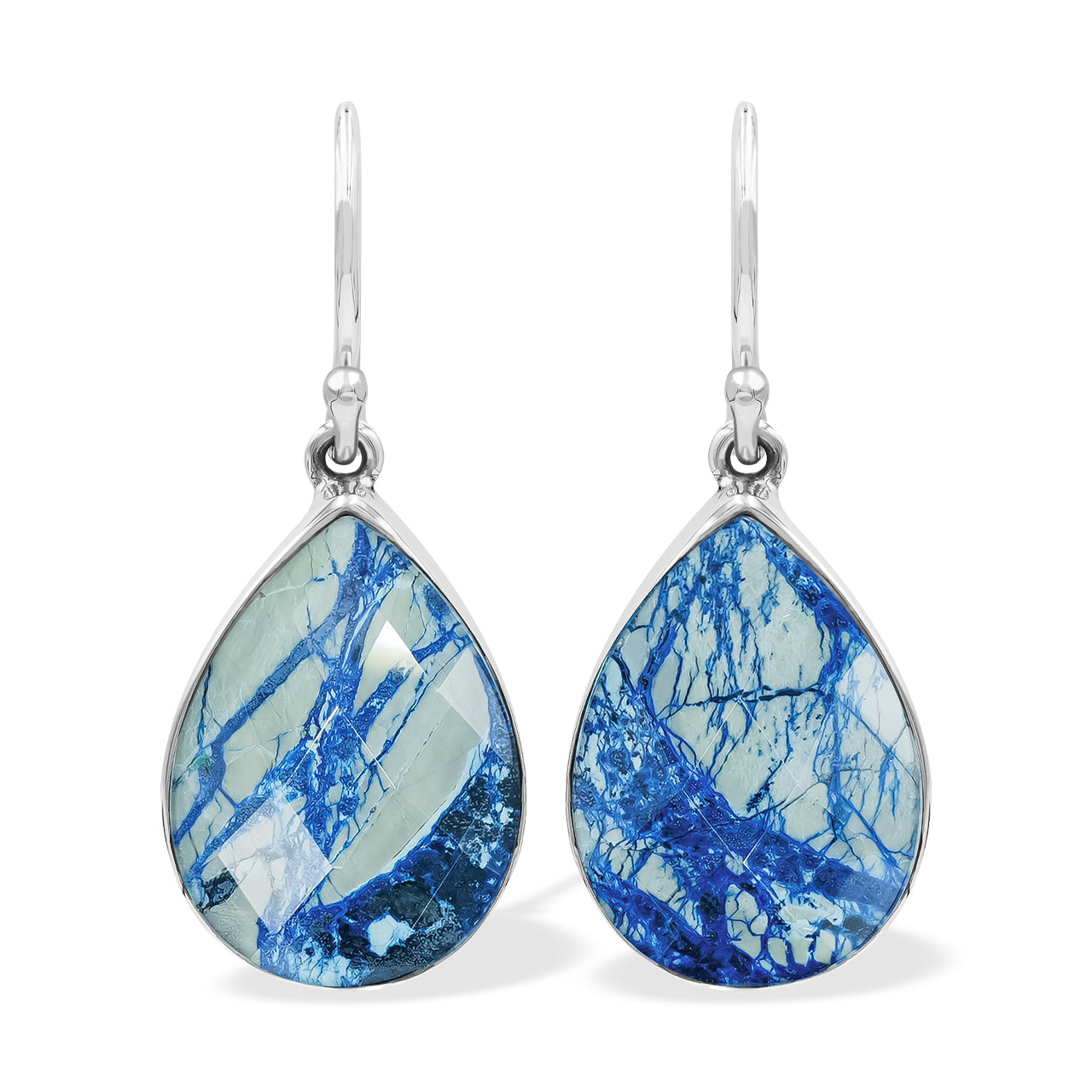 Second front view of faceted azurite malachite pear dangle earrings showing blue‑green coloration
