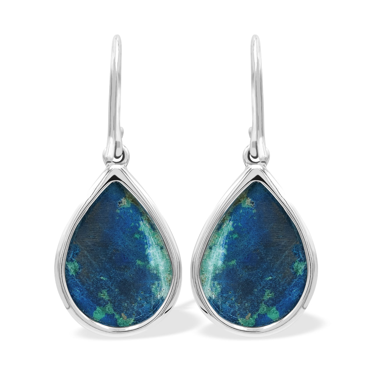 Back view of a faceted Azurite Malachite pear dangle earrings showing the reverse of the setting