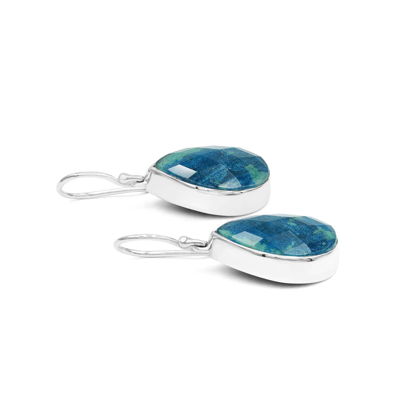 Side view of faceted azurite malachite dangle earrings showing the sterling silver bezel, stone depth, and hook