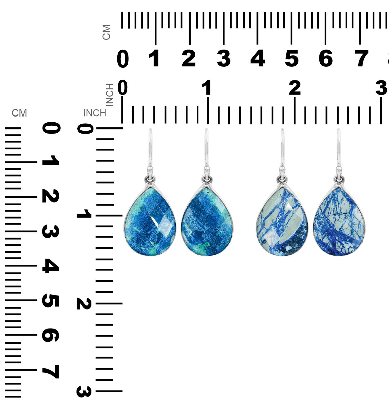Two pair of faceted Azurite Malachite dangle earrings shown next to measurement chart displaying height and width in inches and centimeters.