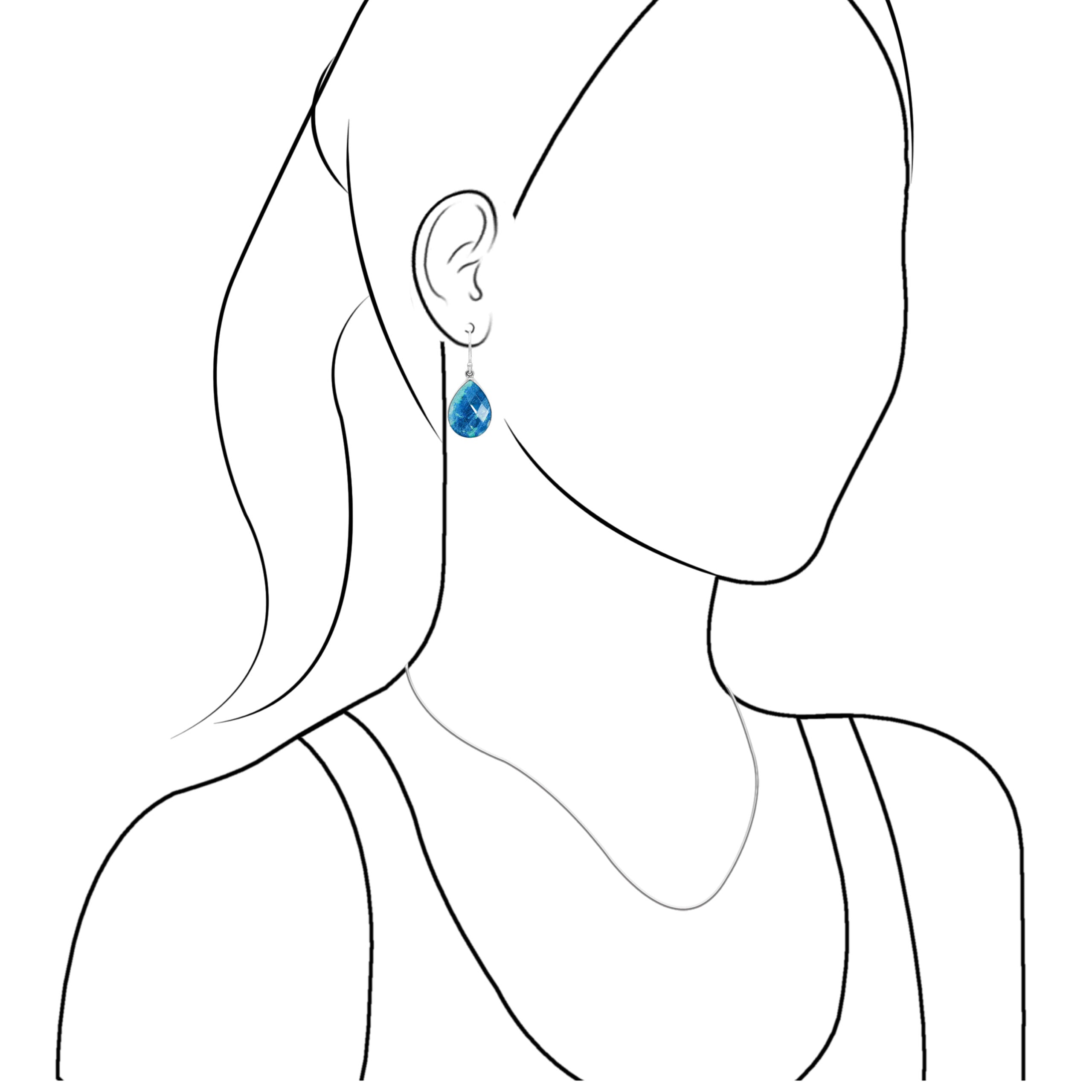 Illustration of a woman wearing Azurite Malachite pear dangle earring for size reference.