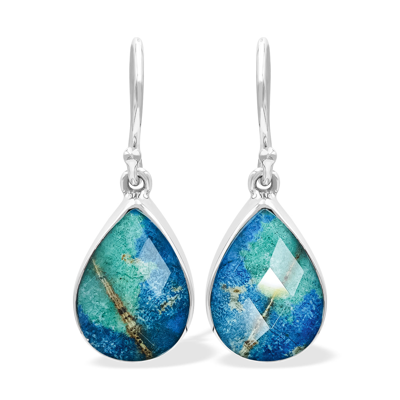 Third front view of faceted azurite malachite pear dangle earrings showing blue‑green coloration
