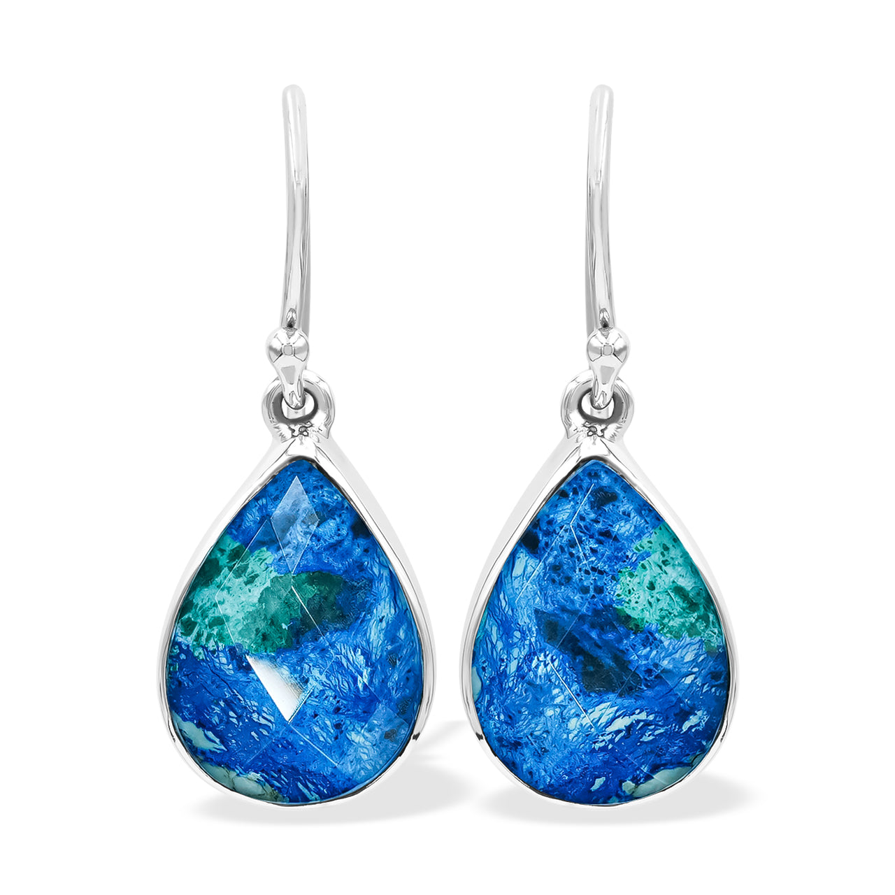 Front view of faceted azurite malachite pear dangle earrings showing blue‑green coloration