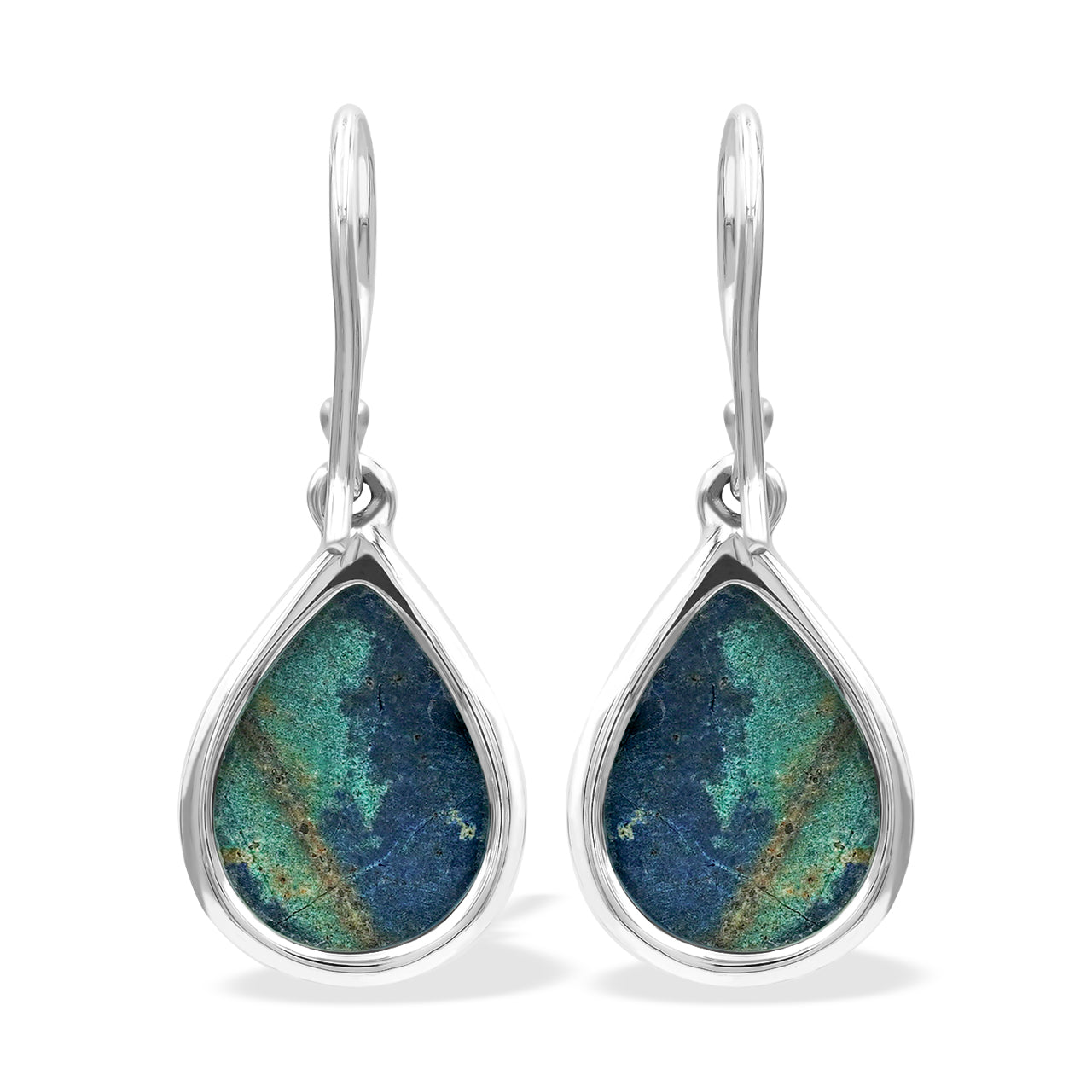Back view of a faceted Azurite Malachite pear dangle earrings showing the reverse of the setting