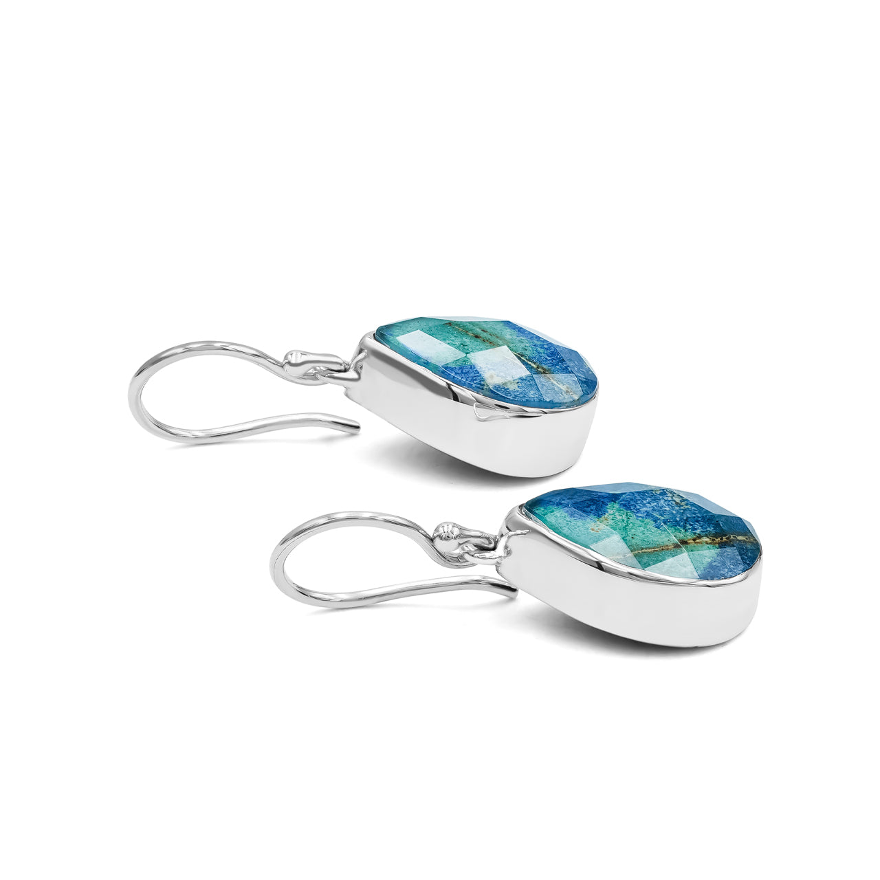 Side view of faceted azurite malachite dangle earrings showing the sterling silver bezel, stone depth, and hook.