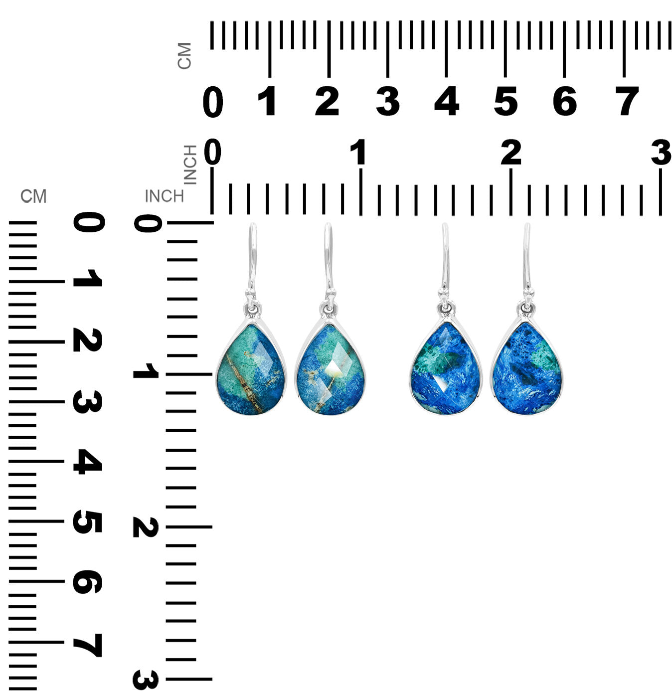 Two pair of faceted Azurite Malachite dangle earrings shown next to measurement chart displaying height and width in inches and centimeters.