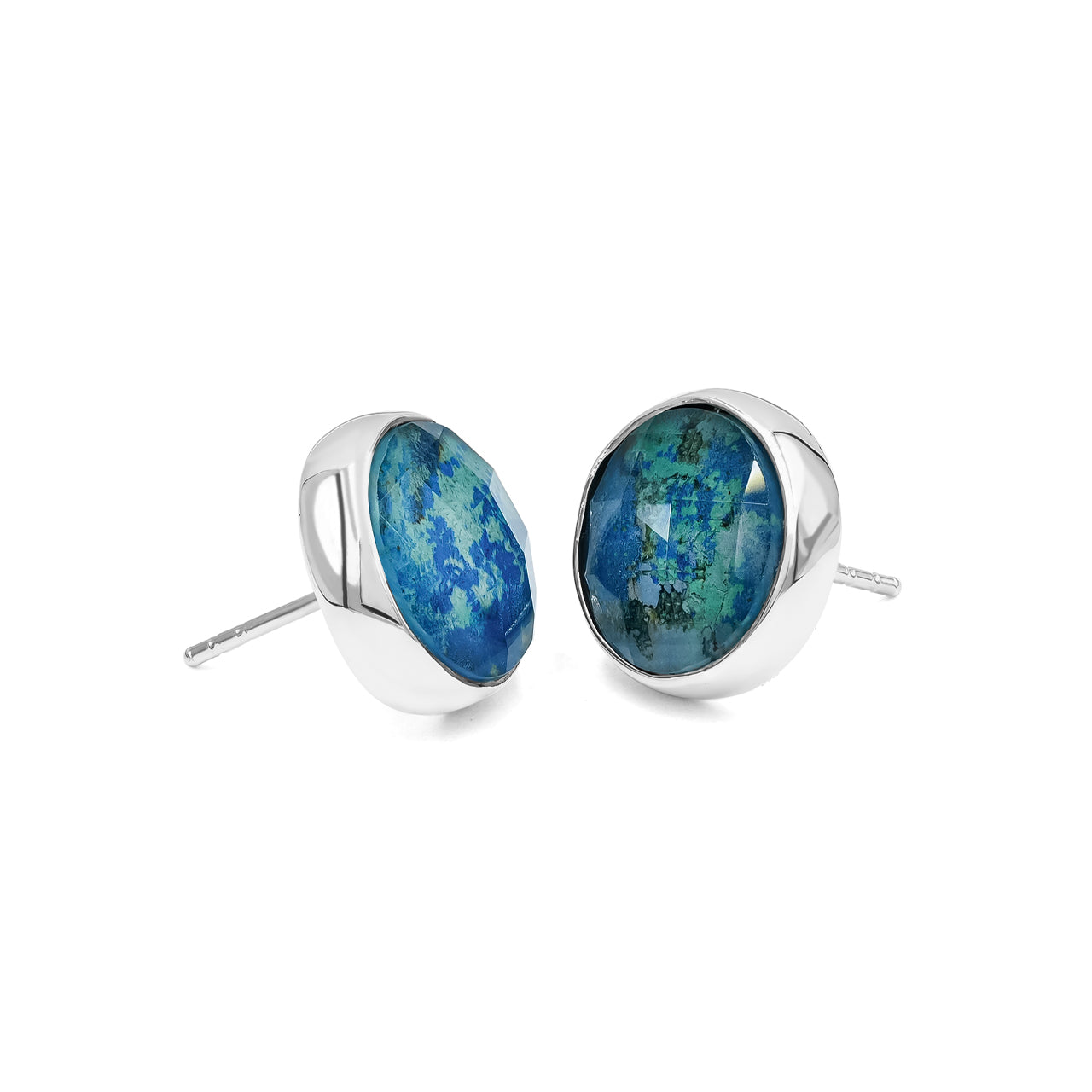 Faceted Azurite Malachite Quartz Doublet Post Style Earring