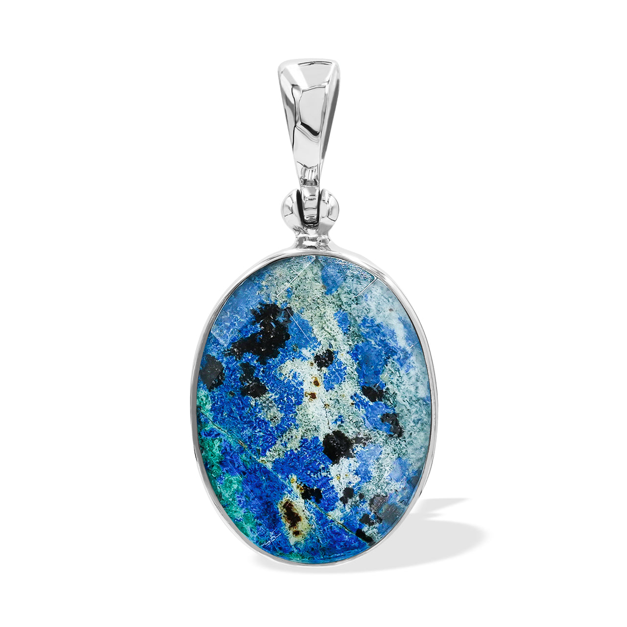 Front view of a faceted Azurite Malachite oval pendant in Sterling Silver, showing the natural blue-green color patterns.
