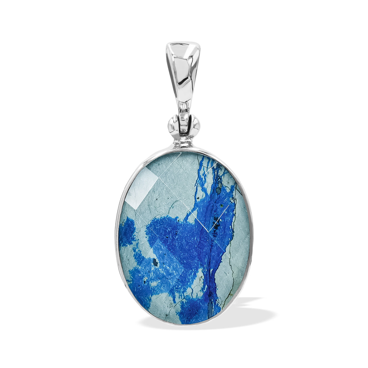 Second front view of a faceted Azurite Malachite oval pendant in Sterling Silver, showing the natural blue-green color patterns.