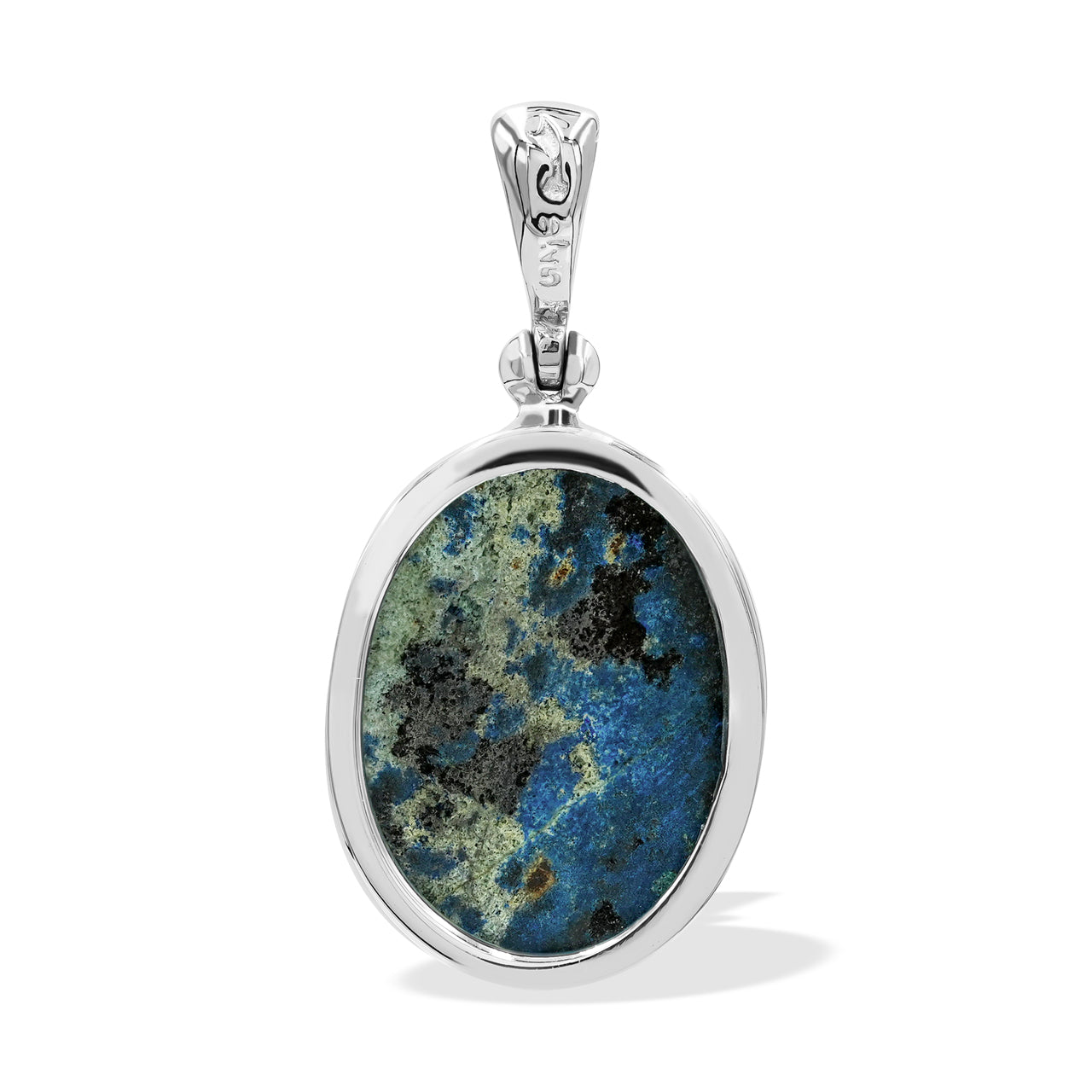 Back view of the faceted azurite malachite oval pendant showing the reverse of the setting