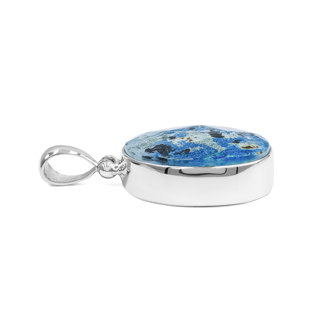 Side view of the faceted azurite malachite oval pendant showing the sterling silver bezel and stone thickness