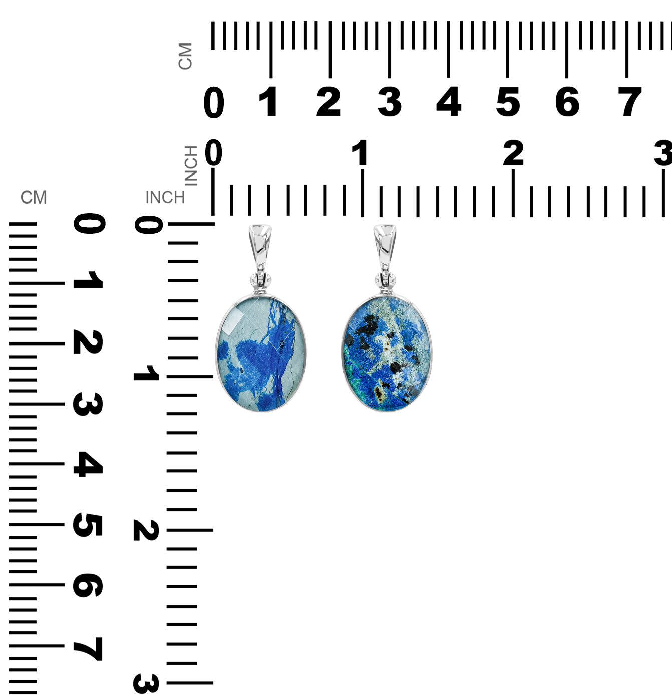 Pair of Azurite Malachite oval pendants shown next to measurement chart displaying height and width in inches and centimeters.