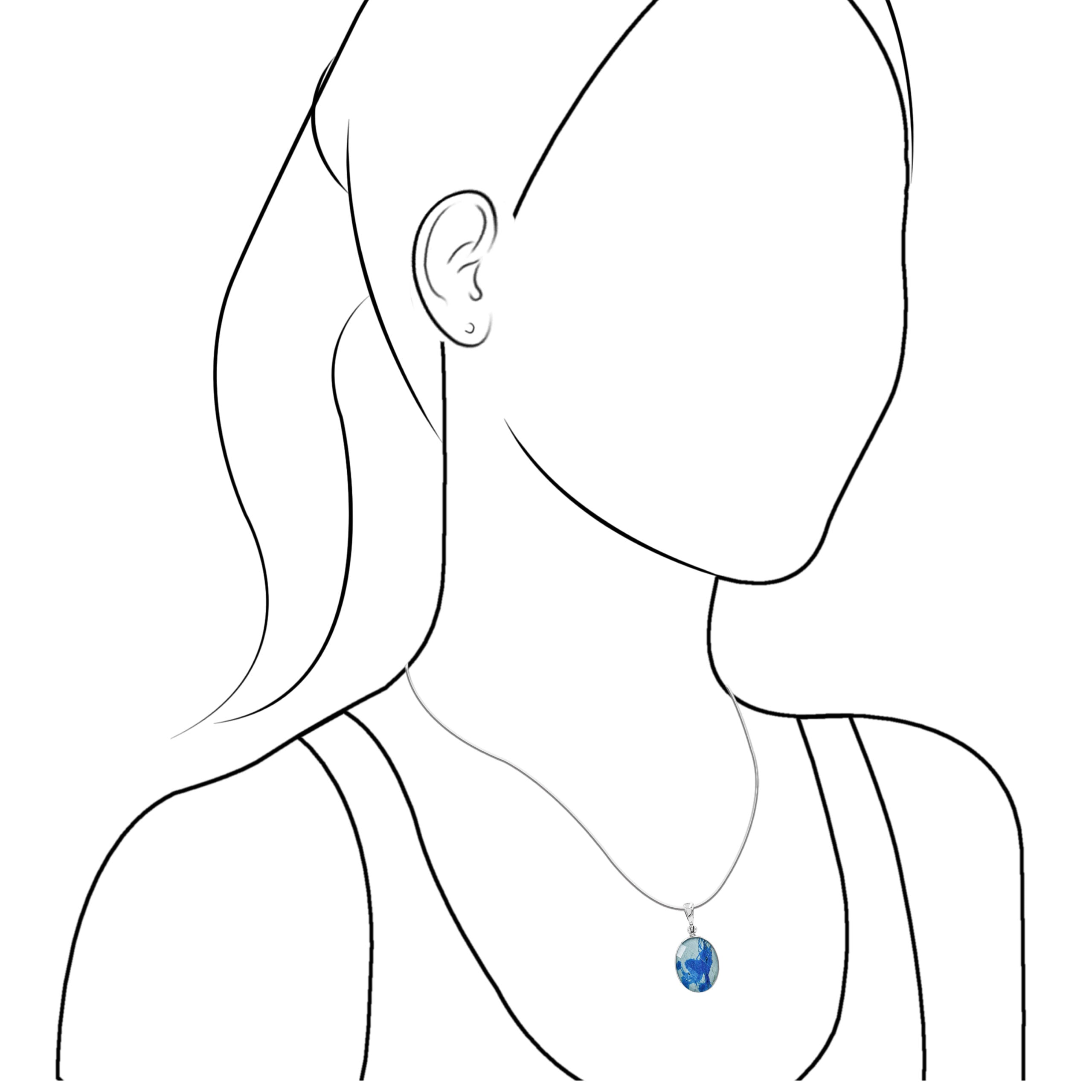 Illustration of a woman wearing faceted Azurite Malachite oval pendant necklace for size reference.