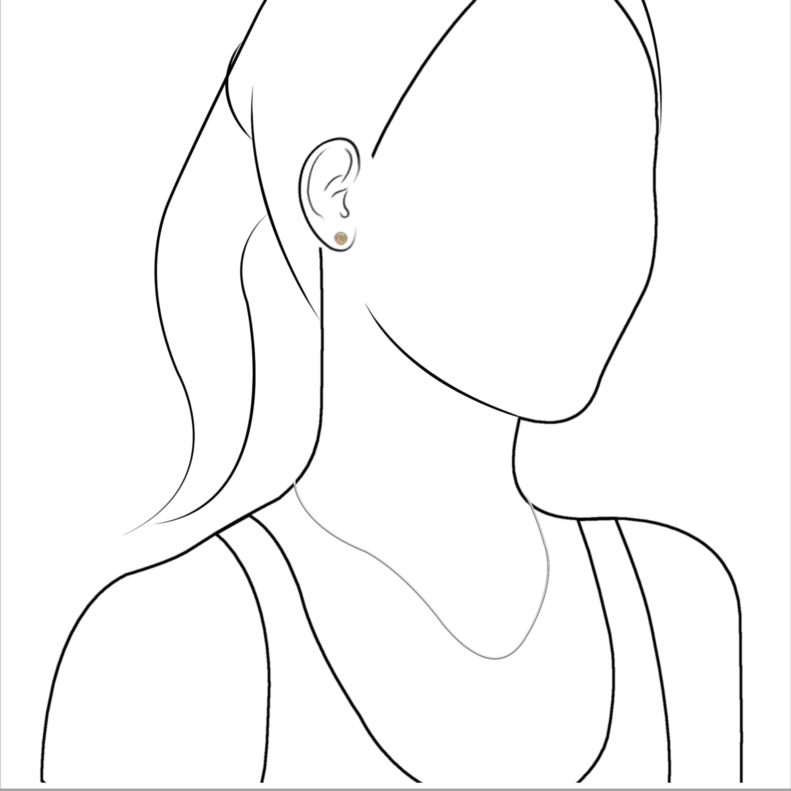 Illustration of a woman wearing the silver stud earrings featuring round Baltic amber gemstones for size reference.