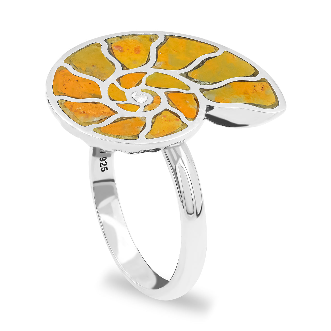 Front-facing angled view of a silver ring featuring a nautilus ammonite form with inlaid Bumblebee Jasper sections arranged within a silver spiral pattern.