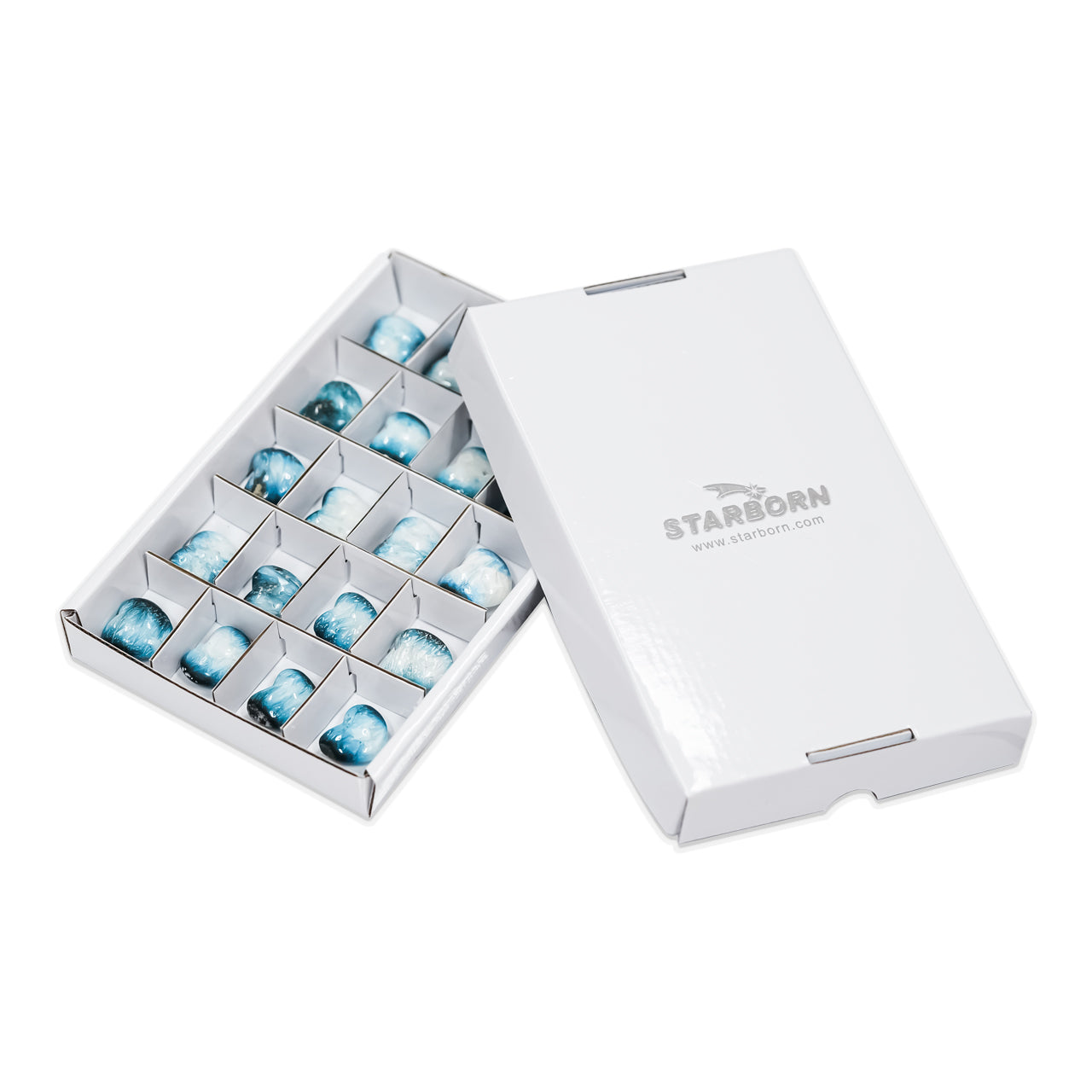 Front‑view image of the heart‑shaped Blue Ice Glacierite stones displayed in a sturdy flat box with sections, shown with the fitted lid placed beside the compartmented tray.