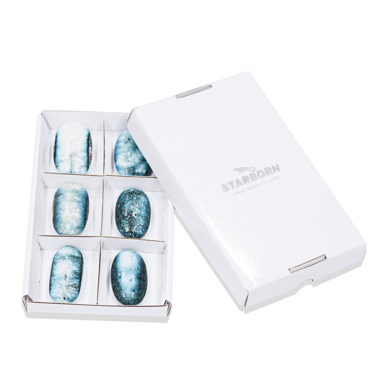 Front‑view image of the Blue Ice Glacierite palm stones displayed in a sturdy flat box with sections, shown with the fitted lid placed beside the compartmented tray.