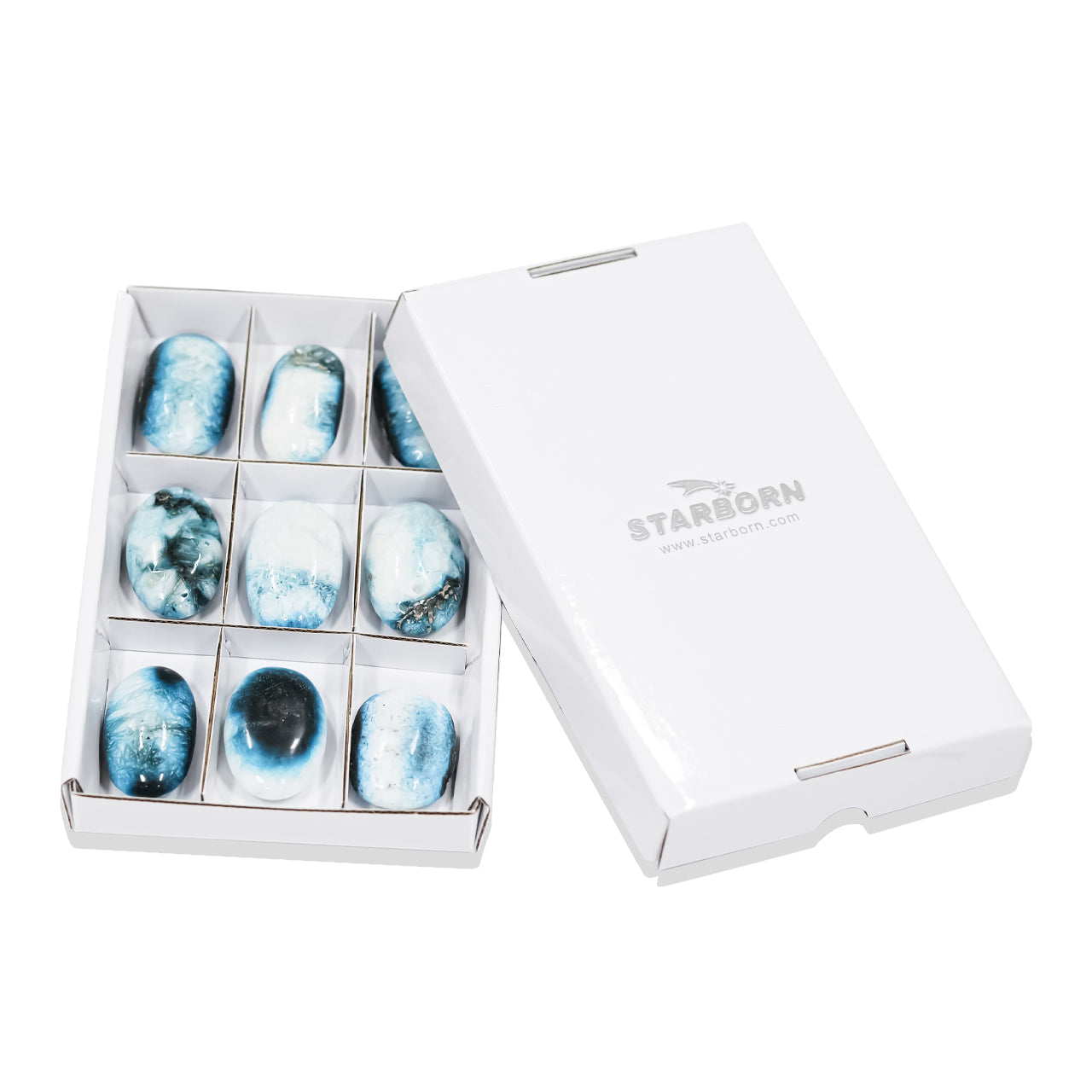 Front‑view image of the Blue Ice Glacierite palm stones displayed in a sturdy flat box with sections, shown with the fitted lid placed beside the compartmented tray.