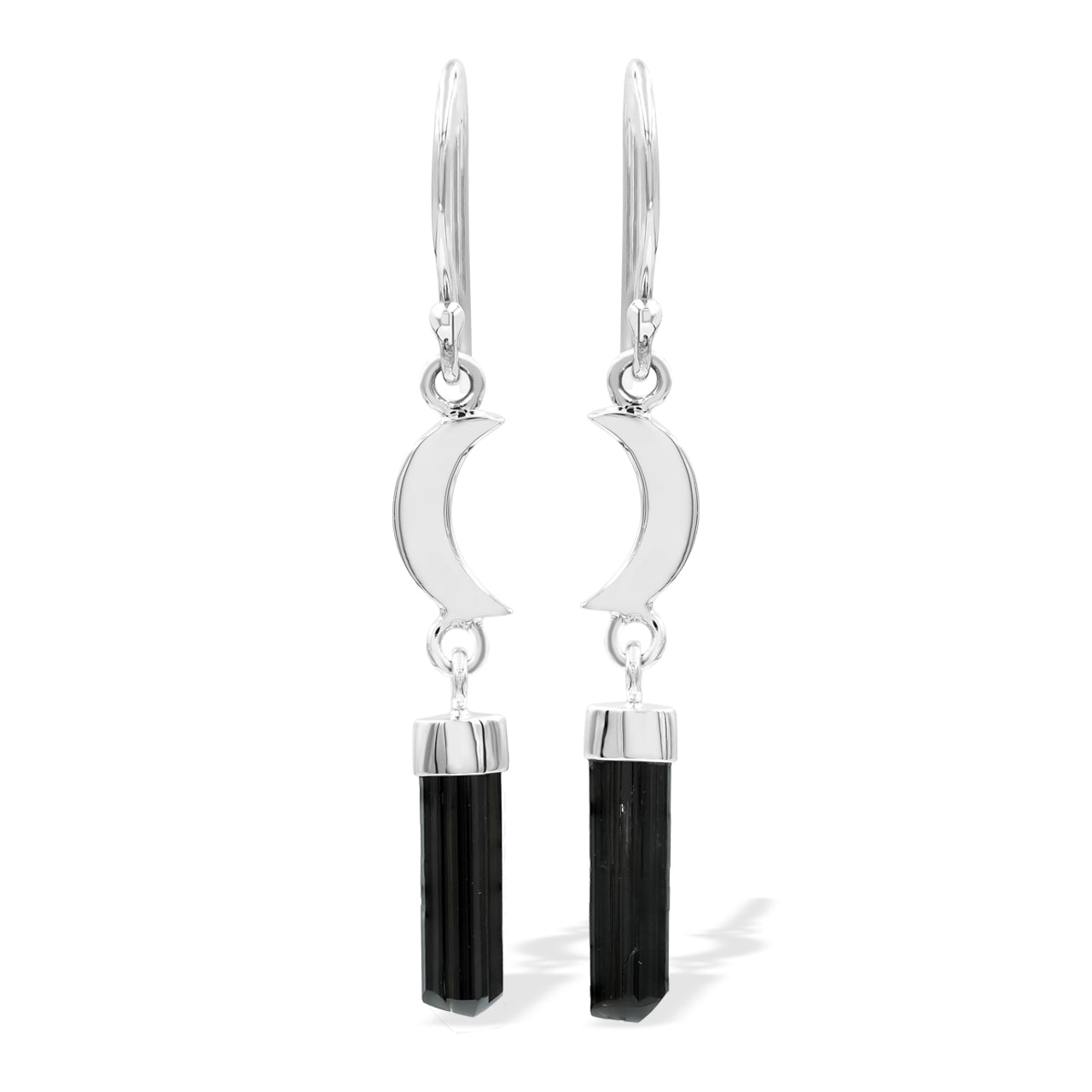 Black Tourmaline Crystal and Crescent Moon style Earrings
