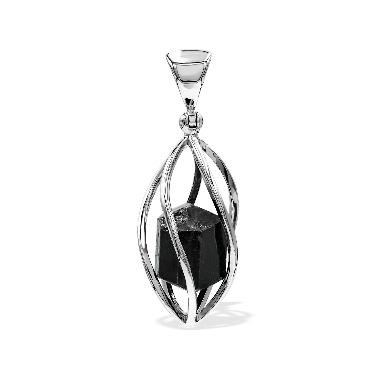 Black Tourmaline Crystal Spiral Cage Pendant in Sterling Silver