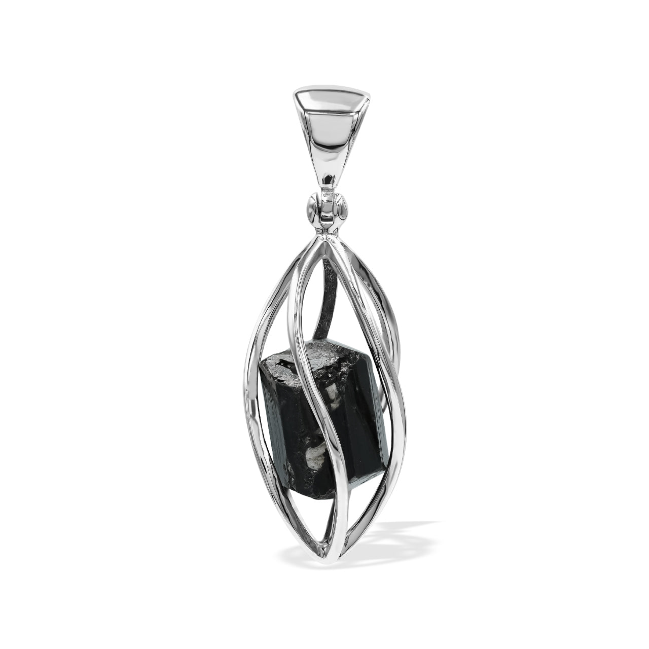 Black Tourmaline Crystal Spiral Cage Pendant in Sterling Silver
