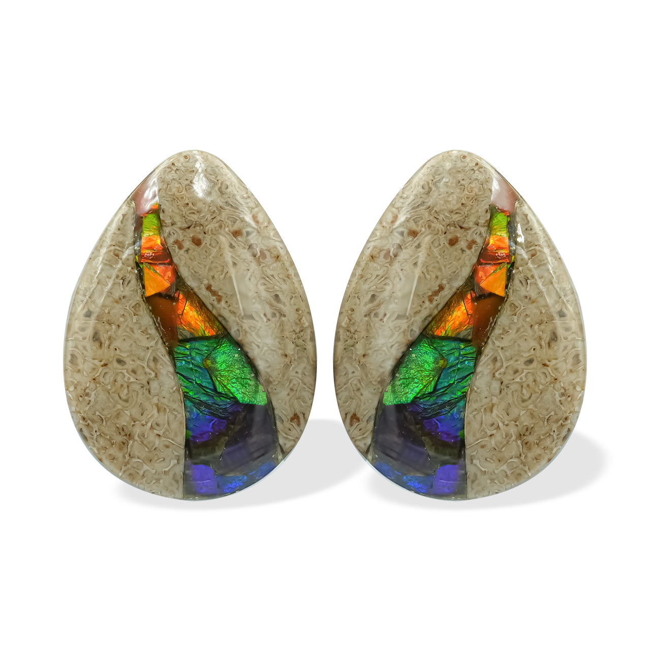 Fossil Dinosaur Bone with Ammolite Inlay Cabochon Pear 25mm - 1 pair