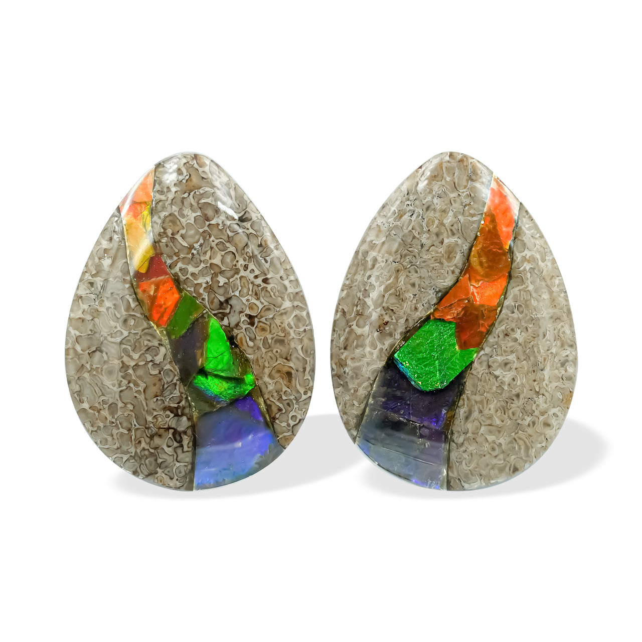 Fossil Dinosaur Bone with Ammolite Inlay Cabochon Pear 25mm - 1 pair