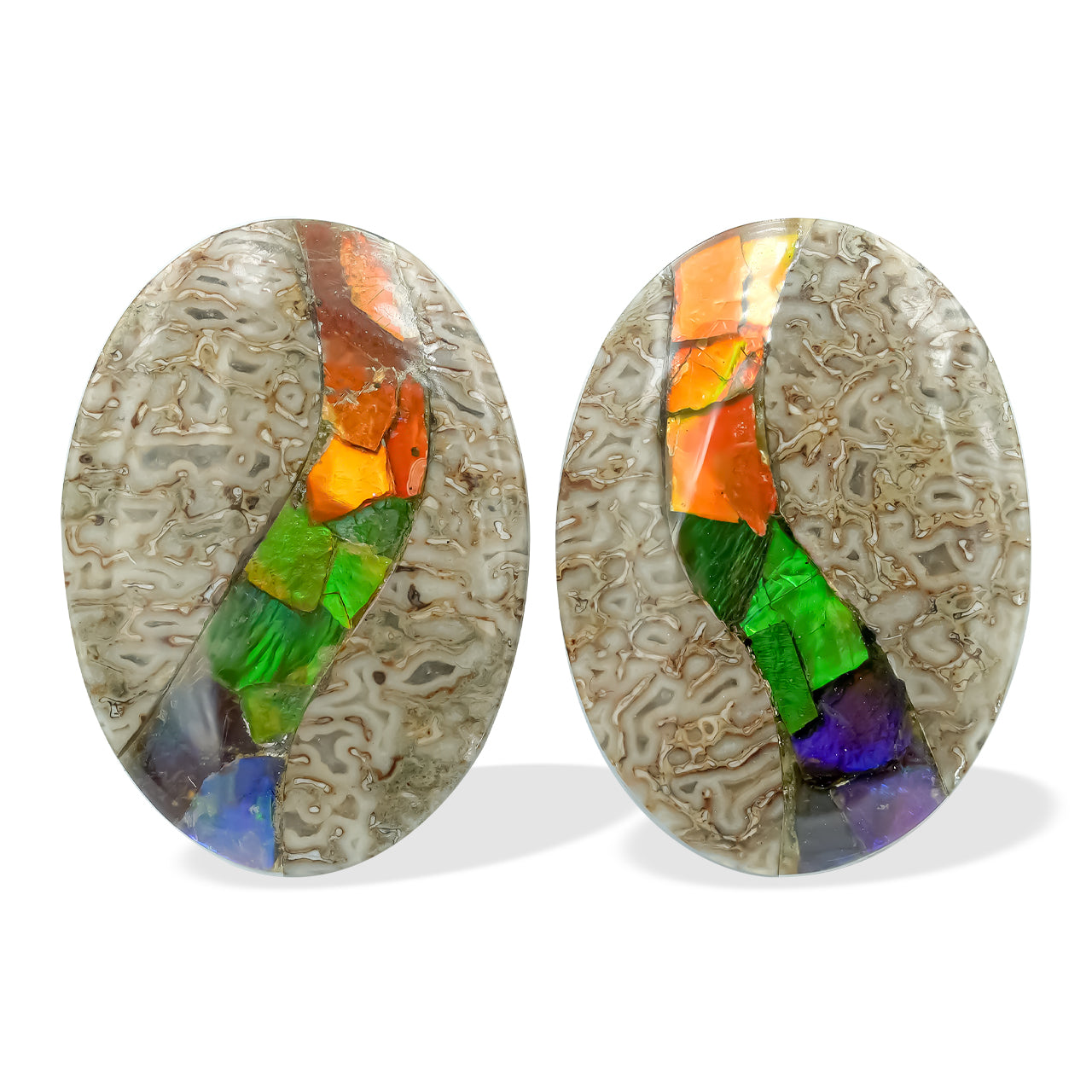 Fossil Dinosaur Bone with Ammolite Inlay Cabochon Oval 25mm - 1 pair