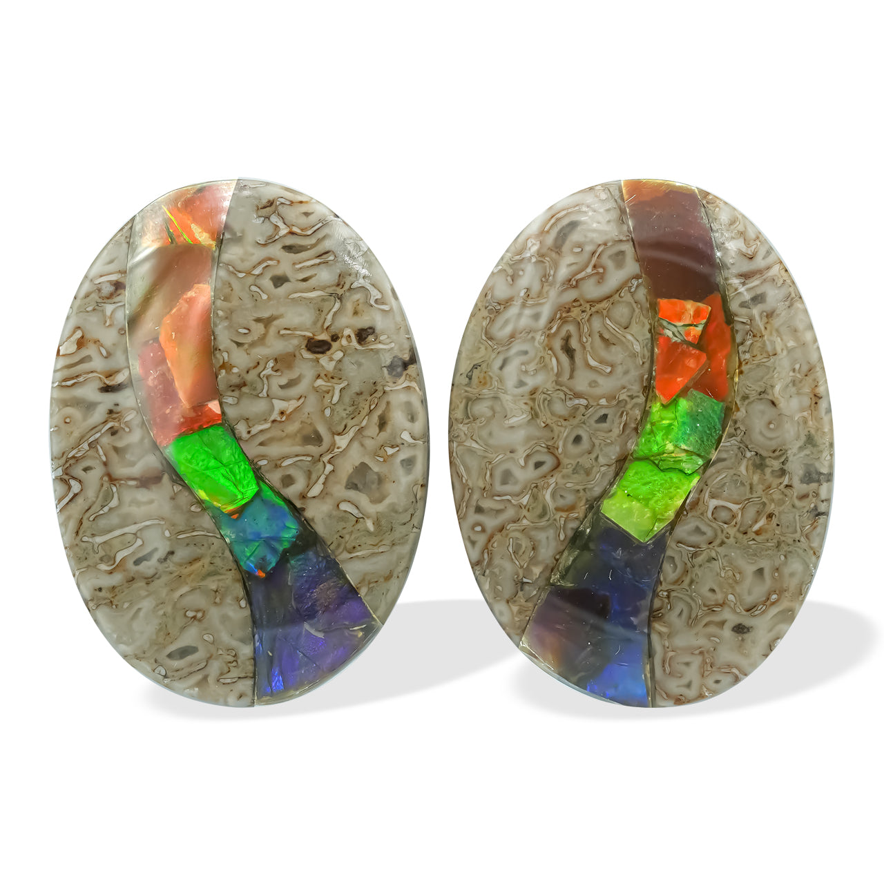 Fossil Dinosaur Bone with Ammolite Inlay Cabochon Oval 25mm - 1 pair