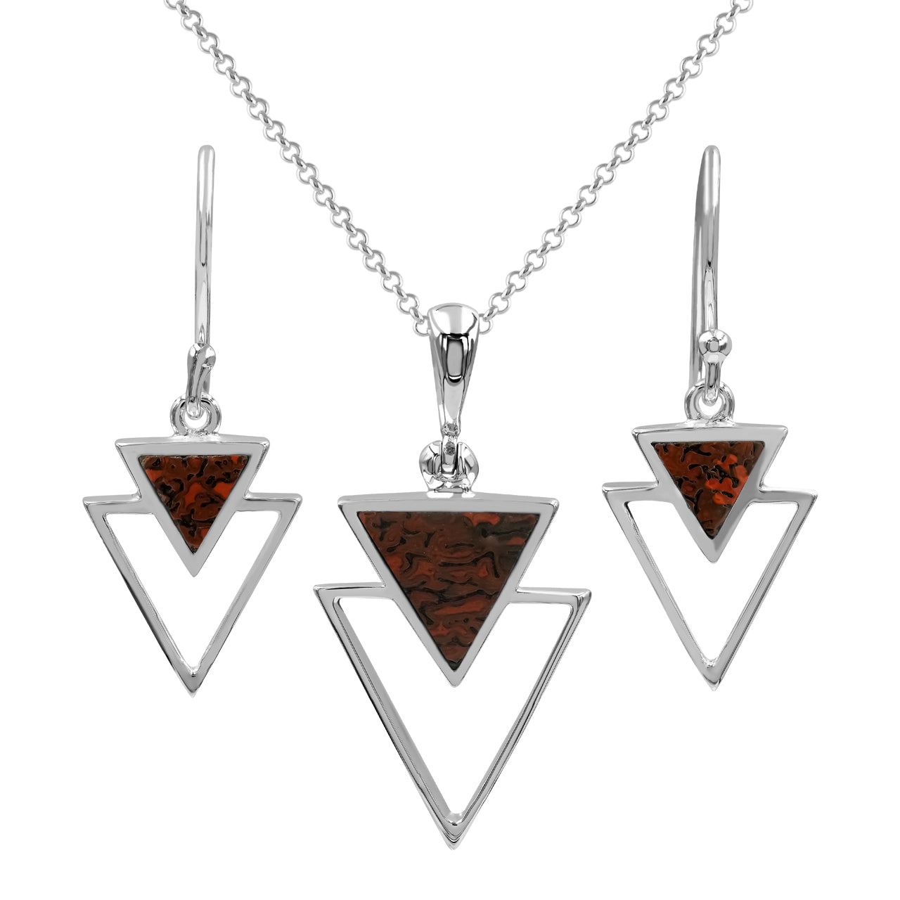 Fossil Dinosaur Bone Triangle Stacked Pendant & Earrings Set