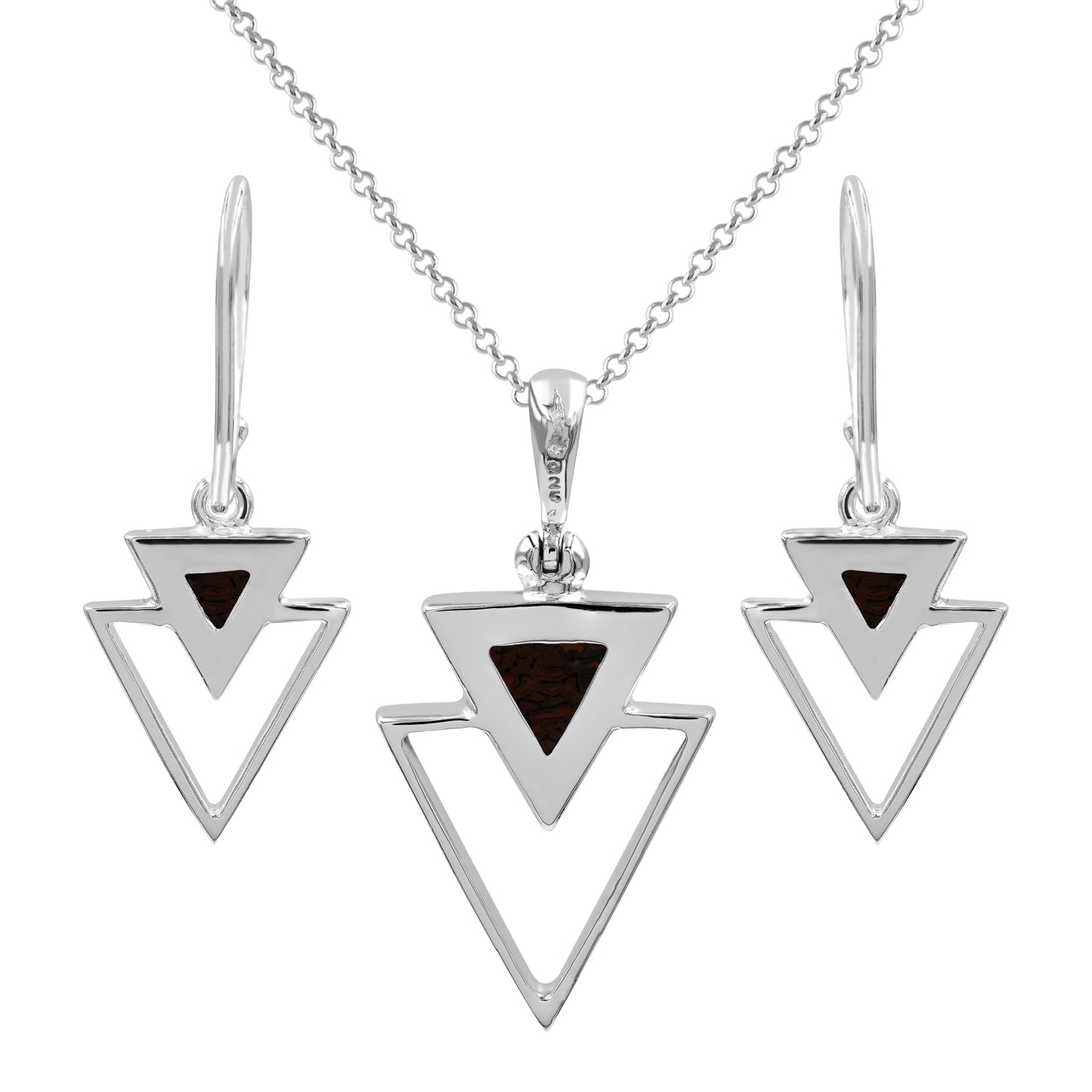 Fossil Dinosaur Bone Triangle Stacked Pendant & Earrings Set