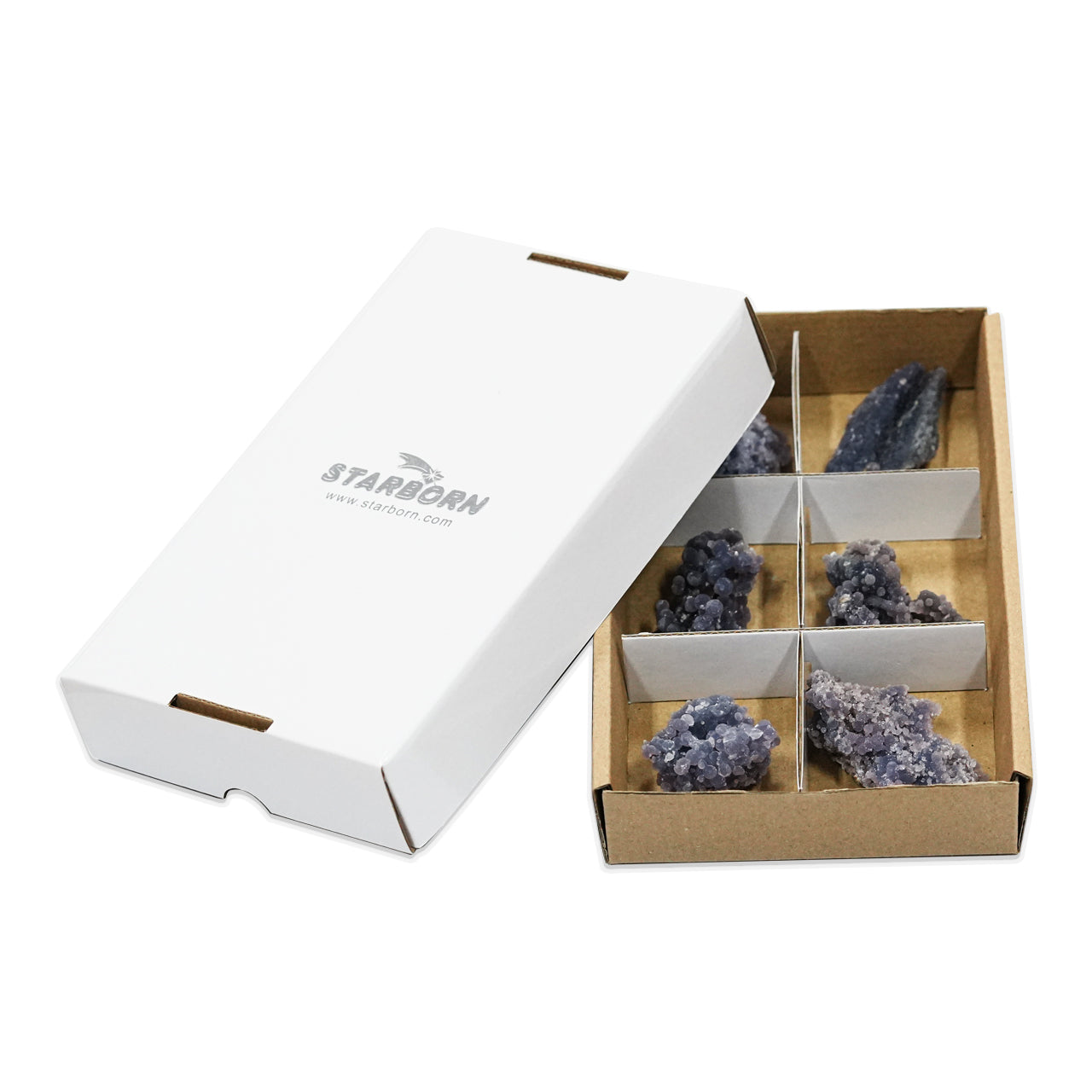 Front view of the same six grape chalcedony specimens shown with packaging, including a closed box placed next to the tray.