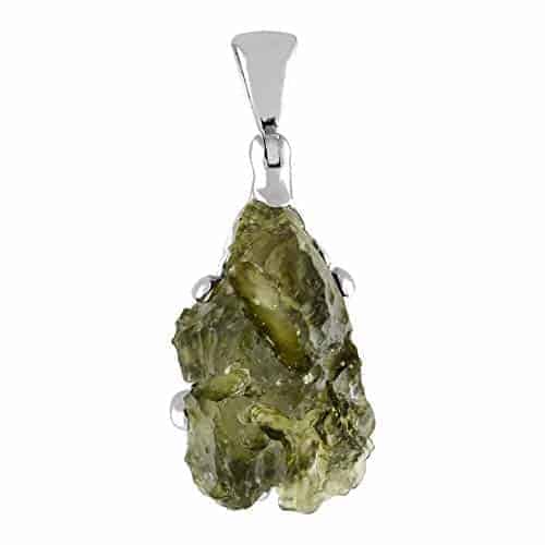 Front view of a Moldavite prong set pendant in sterling silver showing natural etched surface texture
