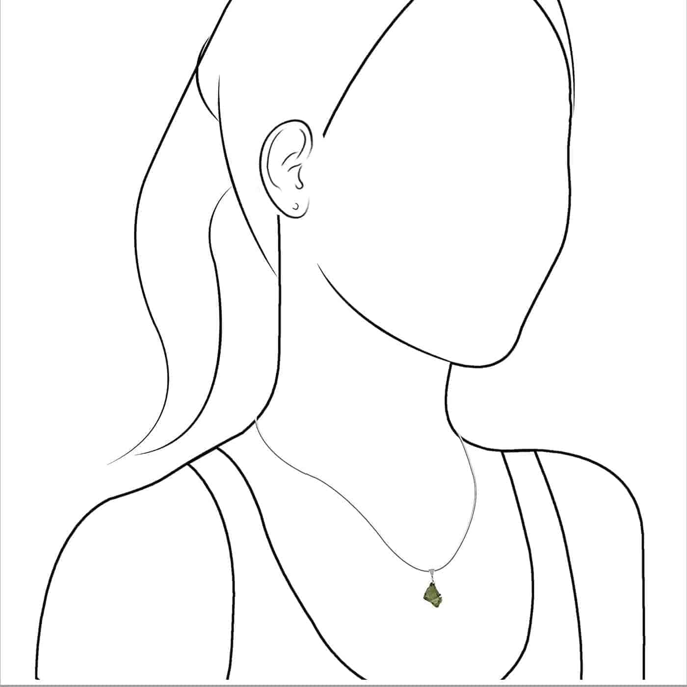 Illustration of a woman wearing Moldavite prong set pendant necklace for size reference.