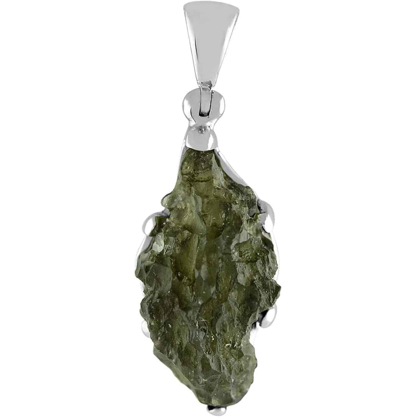 Alternate front view of a Moldavite prong set pendant in sterling silver showing natural etched surface texture