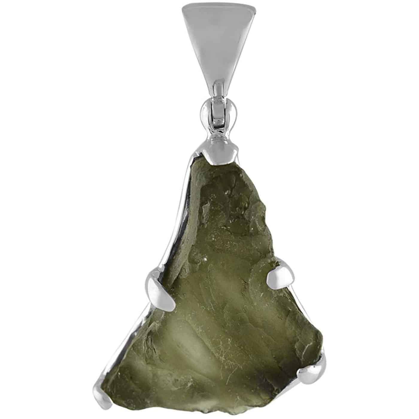 Fourth front view of a dark green Moldavite prong set pendant in sterling silver showing natural etched surface texture