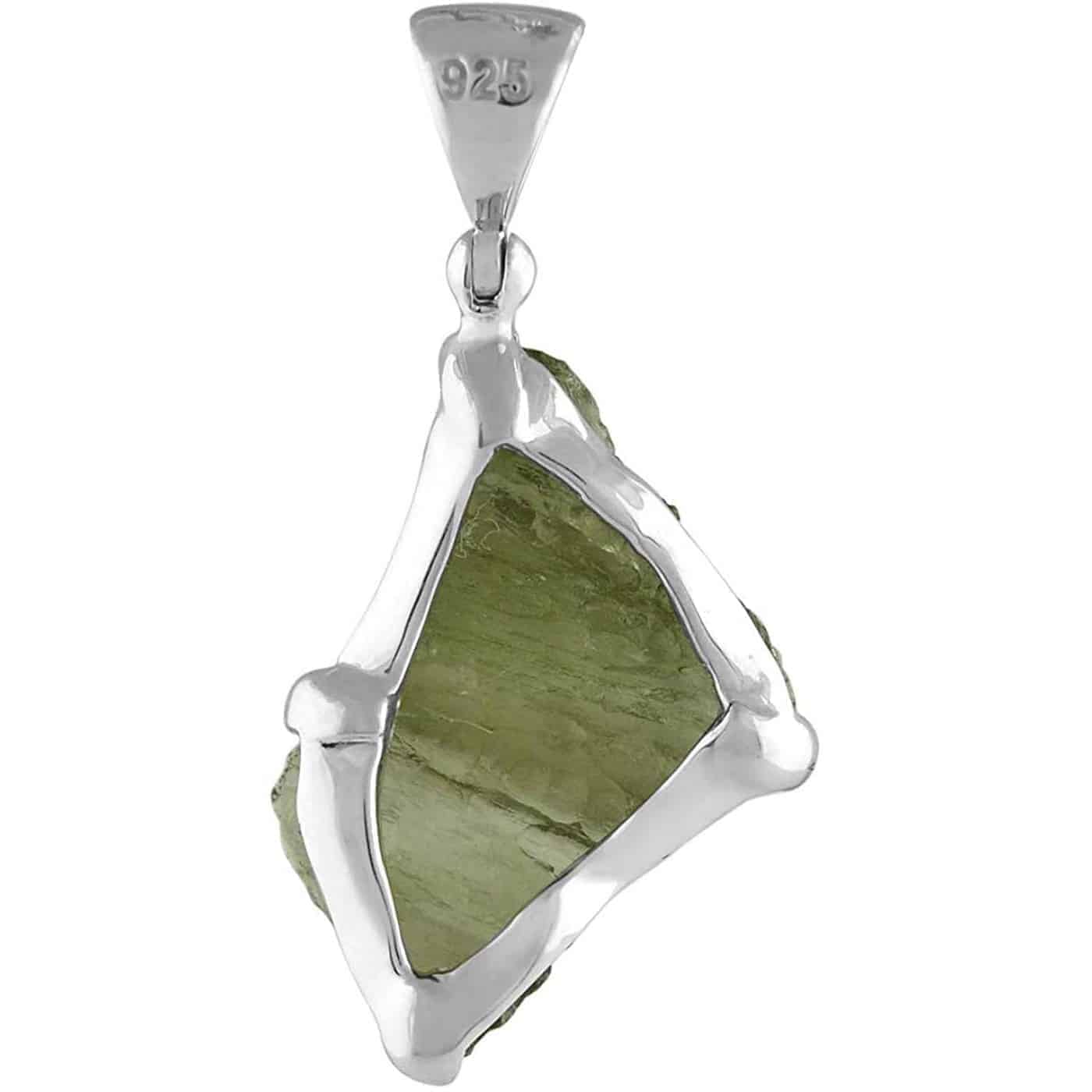 Alternate back view of the moldavite pendant showing the open back setting.