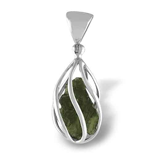 Front view of a moldavite pendant enclosed in a sterling silver 6 wire spiral cage.