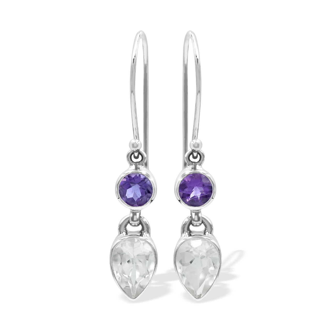 Faceted White Topaz and Amethyst Dangle Earrings