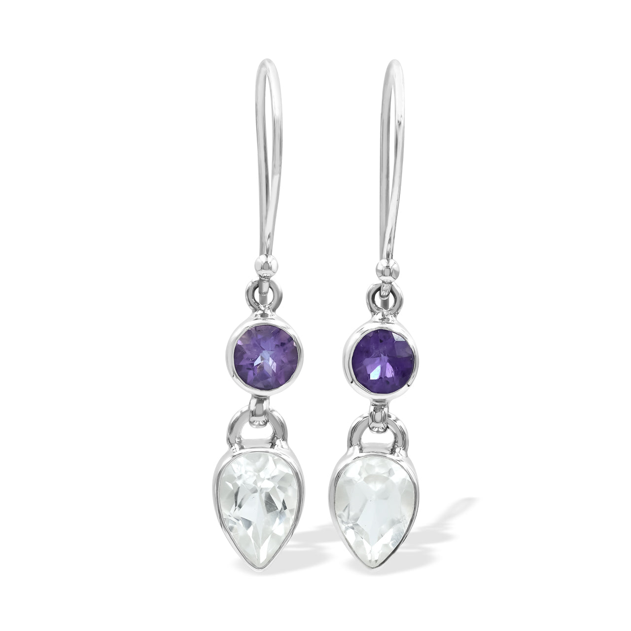 Faceted White Topaz and Amethyst Dangle Earrings